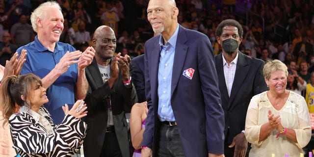 The Los Angeles Lakers celebrate NBA legend Kareem Abdul-Jabbar's 75th birthday on April 8, 2022, at Cryto.com Arena in Los Angeles.