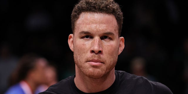 Blake Griffin of Brooklyn Nets warms up before the NBA playoffs against the Boston Celtics at the Barclays Center in Brooklyn April 25, 2022. 
