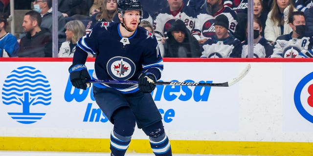Evgeny Svechnikov of the Winnipeg Jets on the ice against the Seattle Kraken at Canada Life Centre on May 1, 2022, in Manitoba.