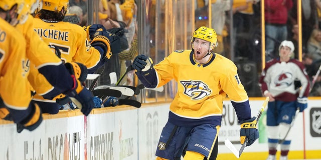 Predators' Yakov Trenin celebrates his goal against the Colorado Avalanche during the Stanley Cup playoffs at Bridgestone Arena in Nashville on May 9, 2022.