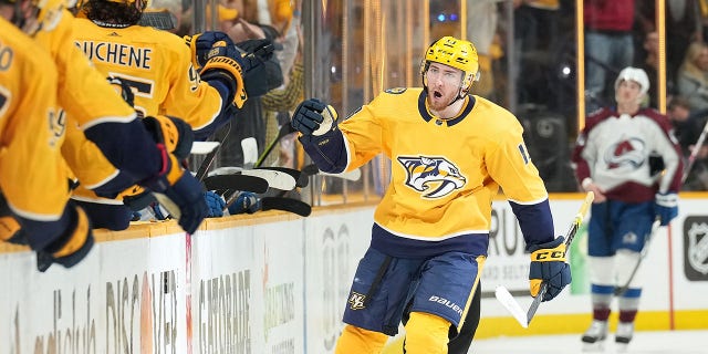Yakov Trenin of the Predators celebrates his goal against the Colorado Avalanche during the Stanley Cup playoffs at Bridgestone Arena on May 9, 2022, in Nashville.