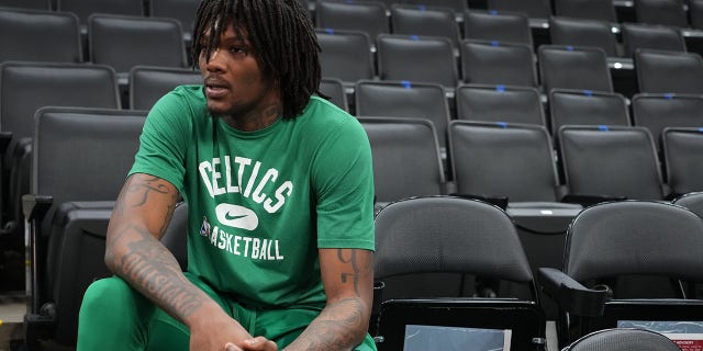 Robert Williams III of the Boston Celtics addresses the media during a 2022 NBA Finals practice June 15, 2022, at the TD Garden in Boston.