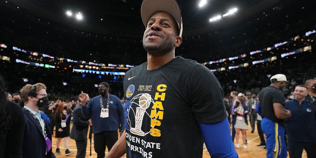 Andre Iguodala of the Golden State Warriors celebrates after Game 6 of the 2022 NBA Finals at TD Garden in Boston on June 16, 2022.