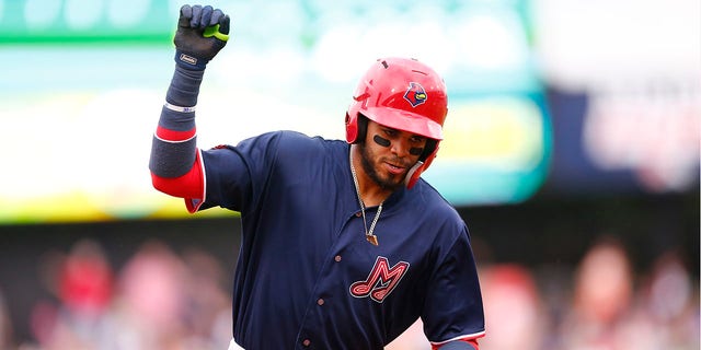 Memphis Redbirds infielder Delvin Pérez in action during a MiLB game between the Memphis Redbirds and the Indianapolis Indians at Victory Field in Indianapolis on June 24, 2022.