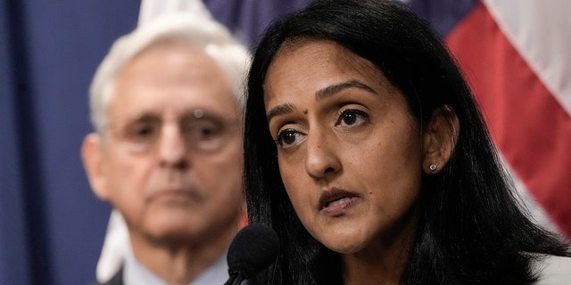 File: L-R, U.S. Attorney Merrick Garland looks on as Associate Attorney General Vanita Gupta speaks during a news conference at the U.S. Department of Justice August 2, 2022 in Washington, DC. 