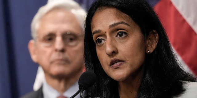 File: L-R, U.S. Attorney Merrick Garland looks on as Associate Attorney General Vanita Gupta speaks during a news conference at the U.S. Department of Justice August 2, 2022 in Washington, DC.