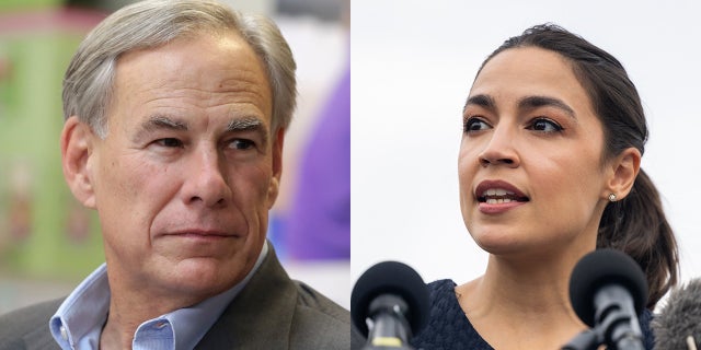 A split photo of Texas Gov. Greg Abbott and New York Rep. Alexandria Ocasio-Cortez. 