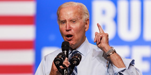 President Biden speaking at a Democratic National Committee rally at Richard Montgomery High School in Rockville, Maryland on August 25.