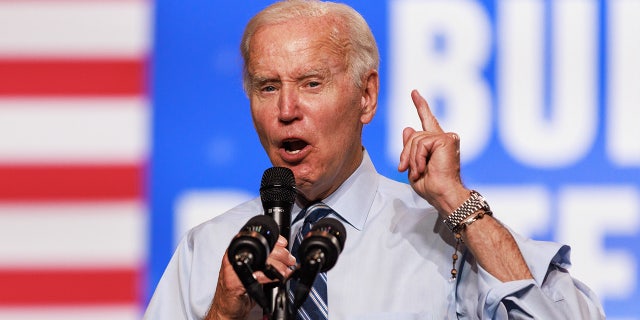 President Biden speaks at the Democratic National Committee rally at Richard Montgomery High School in Rockville, Maryland, Aug. 25.