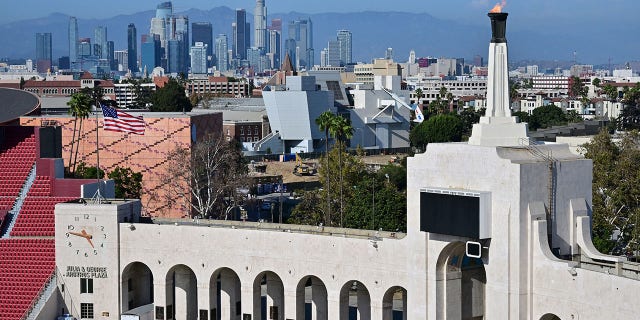The flame burns from the Olympic Cauldron at the Los Angeles Memorial Coliseum Aug. 25, 2022 in Los Angeles.