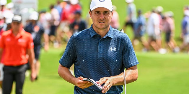 Jordan Spieth walks to the ninth hole during the final round of the Tour Championship at East Lake Golf Club Aug. 28, 2022, in Atlanta.