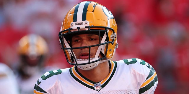 Green Bay Packers wide receiver Christian Watson, #9, before an NFL preseason game between the Green Bay Packers and Kansas City Chiefs on August 25, 2022, at GEHA Field at Arrowhead Stadium in Kansas City, Missouri. 