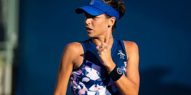 Australia's Adjla Tomljanovic points against Czech Republic's Karolina Muchova during the opening round match of the US Open Tennis Championships at the USTA Billie Jean King National Tennis Center in New York City on August 29, 2022. congratulate you on winning  .