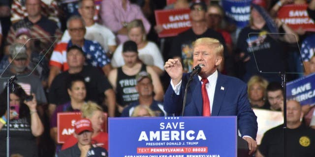 Former President of the United States Donald J. Trump delivers remarks at a Save America rally in Wilkes-Barre, Pennsylvania on September 3, 2022.