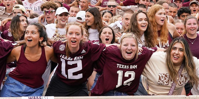 Texas A and M Aggies students sing during a game against the Sam Houston State University Bearkats Sept. 3, 2022, at Kyle Field in College Station, Texas.  