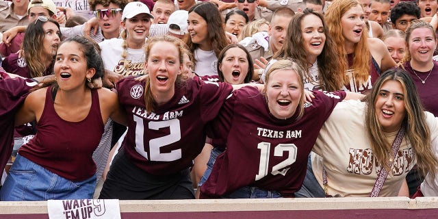 Texas A and M Aggies students sing during a game against the Sam Houston State University Bearkats Sept. 3, 2022, at Kyle Field in College Station, Texas.  