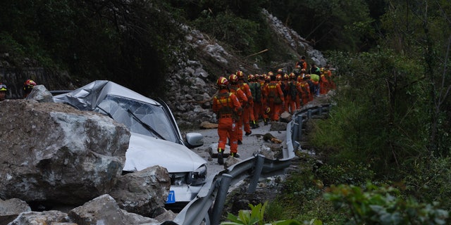 GANZI, CHINA - SEPTEMBER 6, 2022 - Rescuers search for victims on a mountain in Luding county, Ganzi prefecture, Southwest China's Sichuan province, Sept 6, 2022. The 6.8-magnitude earthquake has killed 65 people. 