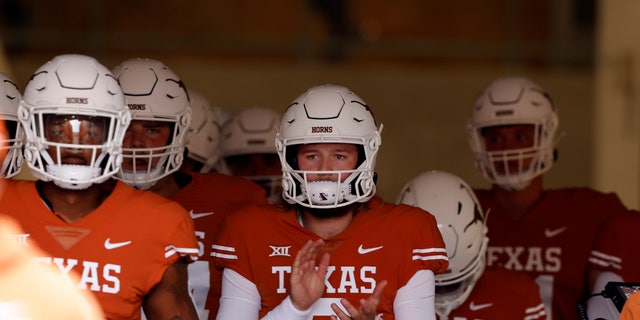 Texas Longhorns quarterback Quinn Ewers (3) leads the team onto the field during a game against the University of Louisiana Monroe Warhawks Sept. 3, 2022, at Darrell K Royal-Texas Memorial Stadium in Austin, Texas. 