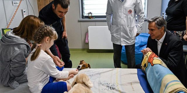 Marina, 6, from Kherson region plays with a landmine sniffer dog, Jack Russell Terrier Patron, during U.S. Secretary of State Antony Blinken's (R) visit to a children's hospital in Kyiv on September 8, 2022.