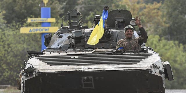 A tank of Ukrainian Army advances to the fronts in the northeastern areas of Kharkiv, Ukraine on September 08, 2022. Ukrainian forces say they have recaptured more than 20 settlements from Russian forces. (Photo by Metin Aktas/Anadolu Agency via Getty Images)