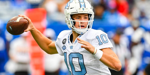 North Carolina quarterback Drake Maye, #10, passes the ball during the NCAA football game between the North Carolina Tar Heels and the Georgia State Panthers on September 10th, 2022 at Center Parc Stadium in Atlanta.