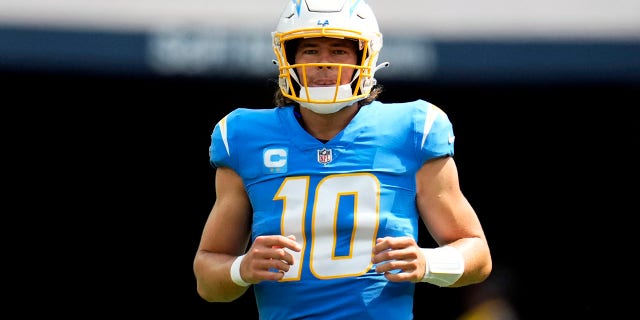 Los Angeles Chargers quarterback Justin Herbert during a Las Vegas Raiders game at Sophie Stadium in Inglewood, California, Sunday, September 11, 2022.