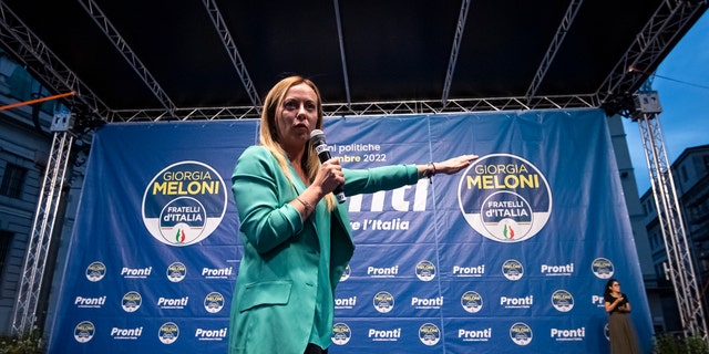 Giorgia Meloni, leader of the far-right party Brothers of Italy, speaks during a rally. Italians head to the polls on Sept. 25.