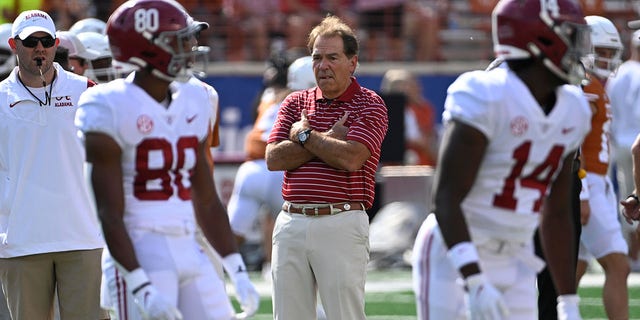 Alabama head coach Nick Saban looks on prior to game vs Texas at Darrell K Royal-Texas Memorial Stadium in Austin, Texas, Sept. 10, 2022. 