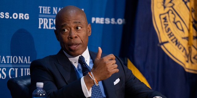 New York City Mayor Eric Adams speaks at the National Press Club during a press conference on gun violence and other issues on Sept. 13, 2022. 