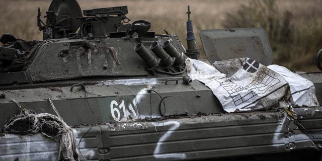 An abandoned Russian military tank is seen after Russian Forces withdrew from Balakliia as Russia-Ukraine war continues on September 15, 2022 in Balakliia, Kharkiv Oblast, Ukraine. 