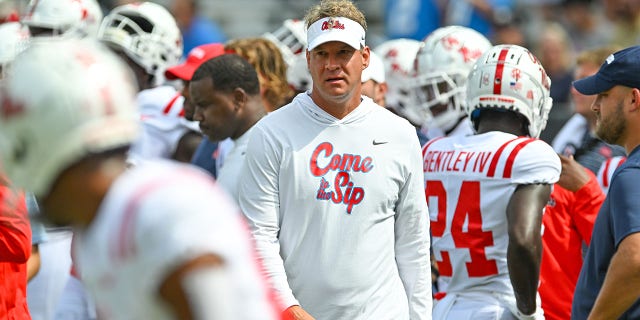 Ole Miss head coach Lane Kiffin on the sidelines during a game between the Ole Miss Rebels and the Georgia Tech Yellow Jackets on September 17, 2022, at Bobby Dodd Stadium in Atlanta, Georgia.  