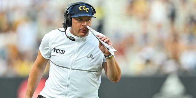 Georgia Tech head coach Geoff Collins on the sideline during the NCAA football game between the Ole Miss Rebels and the Georgia Tech Yellow Jackets on Sept. 17, 2022 at Bobby Dodd Stadium in Atlanta.  