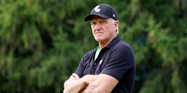 LIV CEO and Commissioner Greg Norman watches play on the third hole during the final round of the LIV Chicago Golf Invitational Series at Rich Harvest Farms in Sugar Grove, Illinois.  