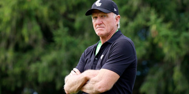 LIV CEO and Commissioner Greg Norman watches play on the third hole during the final round of the LIV Chicago Golf Invitational Series at Rich Harvest Farms in Sugar Grove, Illinois.  