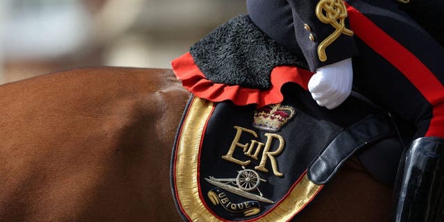 A cypher of Queen Elizabeth II on a saddled horse at the state funeral in Windsor on September 19, 2022.