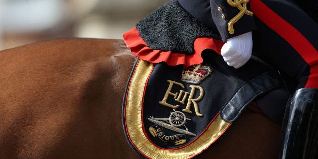 Queen Elizabeth II's cypher on a horse saddle in Windsor on Sept. 19, 2022, during her state funeral.