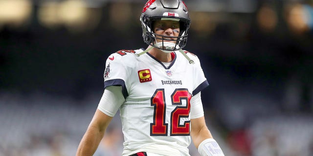 Tampa Bay Buccaneers quarterback Tom Brady gets pumped up before the Saints game on Sept. 18, 2022, at Caesars Superdome in New Orleans.