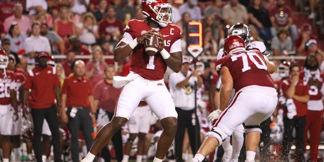 Arkansas Razorbacks quarterback KJ Jefferson, #1, drops back to pass during the college football game between the Missouri State Bears and Arkansas Razorbacks on Sept. 17, 2022 at Donald W. Reynolds Razorback Stadium in Fayetteville, Arkansas. 