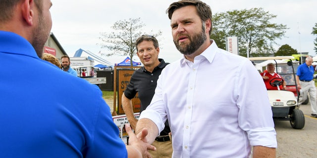 JD Vance, Republican Senate candidate for Ohio, greets attendees during the Farm Science Review event in London, Ohio, on Wednesday, Sept. 21, 2022.