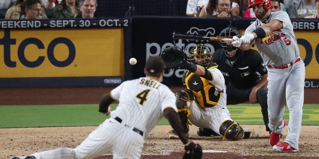 Albert Pujols of the St. Louis Cardinals hits a single off the Padres' Blake Snell during the seventh inning, Sept. 21, 2022, in San Diego.