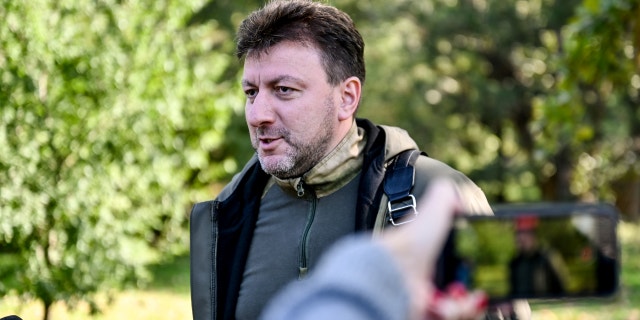 Zaporizhia RMA head Oleksandr Stalf speaks with journalists after a Russian missile attack on the city of Zaporizhia in southeastern Ukraine on Sept. 22, 2022.