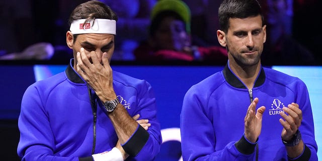 Team Europe's Roger Federer (left) and Novak Djokovic on day one of the Laver Cup at the O2 Arena, London.
