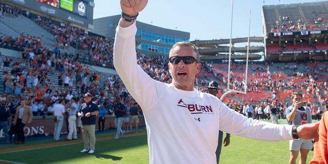 Head coach Bryan Harsin of the Auburn Tigers waves to fans after defeating the Missouri Tigers at Jordan-Hare Stadium on Sept. 24, 2022 in Auburn, Alabama.