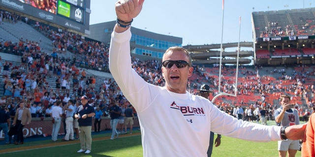 Head coach Bryan Harsin of the Auburn Tigers waves to fans after defeating the Missouri Tigers at Jordan-Hare Stadium on Sept. 24, 2022 in Auburn, Alabama.