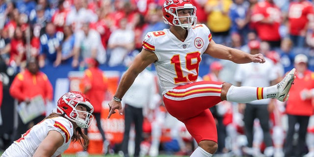 Matt Ammendola (19) of the Kansas City Chiefs kicks during a game against the Indianapolis Colts at Lucas Oil Stadium Sept. 25, 2022, in Indianapolis.