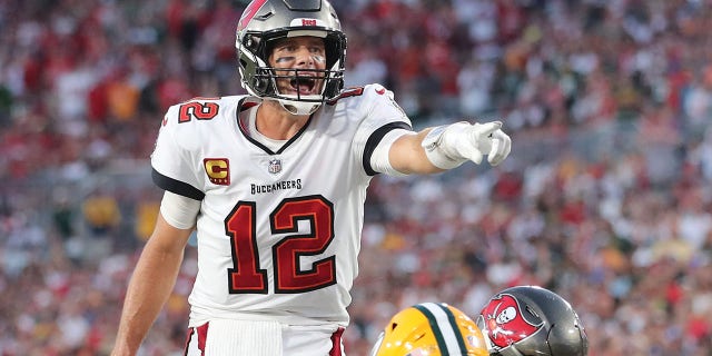 Tampa Bay Buccaneers Quarterback Tom Brady (12) points out the strength of the defense during the regular season game between the Green Bay Packers and the Tampa Bay Buccaneers on Sept. 25, 2022 at Raymond James Stadium in Tampa, Florida.
