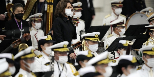 Vice President Kamala Harris attends the state funeral of former Prime Minister Shinzo Abe at the Nippon Budokan in Tokyo on September 27, 2022.