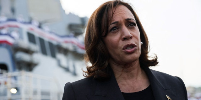 US Vice President Kamala Harris speaks to the media onboard USS Howard at the naval base in Yokosuka, Kanagawa Prefecture on September 28, 2022. 