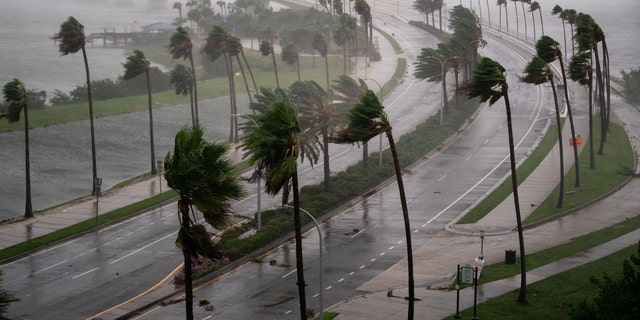 Wind gusts blow across Sarasota Bay as Hurricane Ian churns to the south on September 28, 2022 in Sarasota, Florida.  