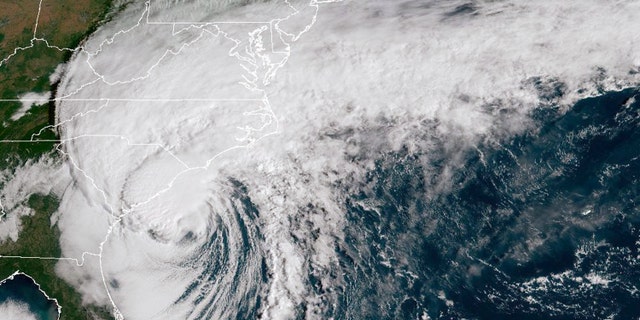In this NOAA handout image taken by the GOES satellite at 13:26 UTC, Hurricane Ian approaches the Atlantic coast of northern Florida, Georgia, and the Carolinas on September 30, 2022 in the Atlantic Ocean.